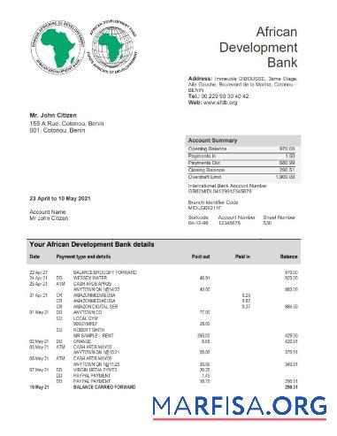 Downloadable Benin African Development bank statement word template